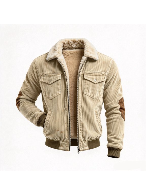 Mens Corduroy Jacket Heavyweight Fleece Lined Collared Jackets Full Zip Winter Warm Casual Outerwear with Multi Pockets