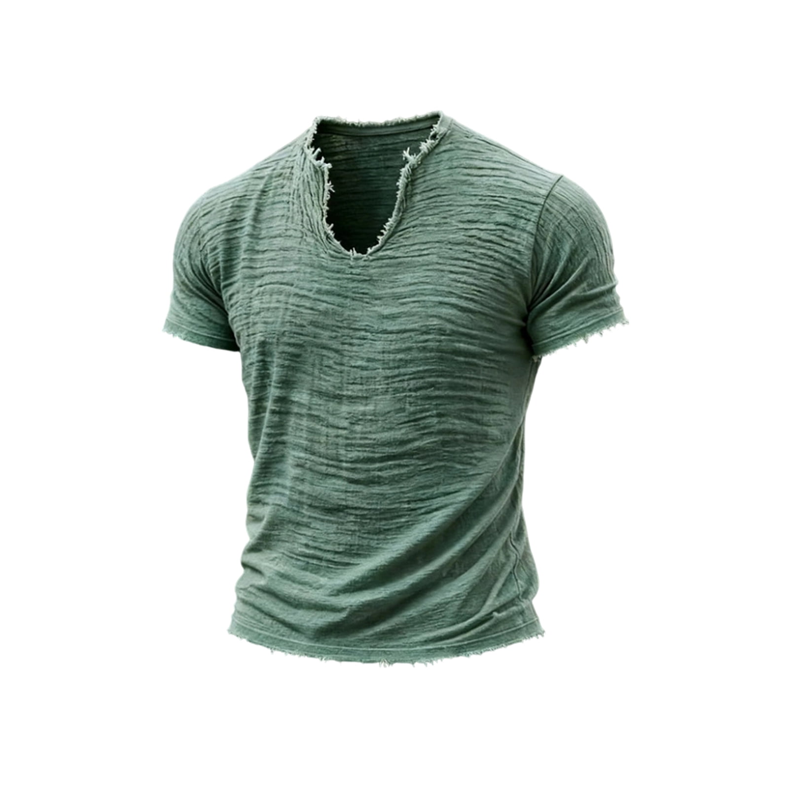 Domzest Mens Cotton Linen Shirt Vintage Washed Fringe Trim V Neck