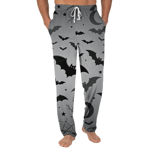 Domzest Mens Halloween Pajama Pants Pumpkin Ghost Bat Graphic Wide Leg Sleepwear Drawstring Elastic Waisted Funny Pj Bottoms Dark Gray L