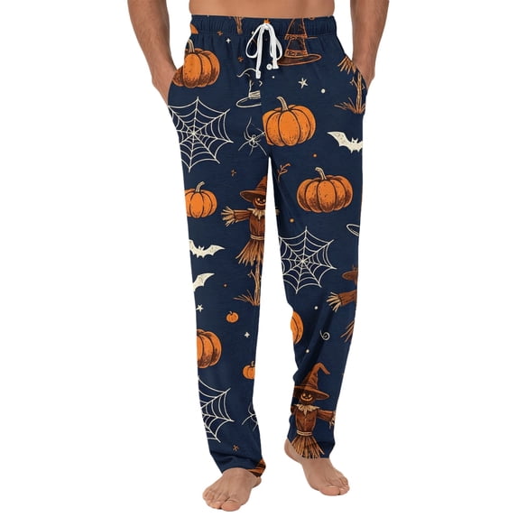 Domzest Mens Halloween Pajama Pants Pumpkin Ghost Bat Graphic Wide Leg Sleepwear Drawstring Elastic Waisted Funny Pj Bottoms Purple M