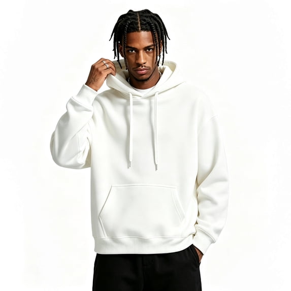 Domzest Mens Oversized Hoodies Heavyweight Fleece Hooded Sweatshirt Fall Winter Casual Athleisure Pullover With Kangaroo Pocket White M