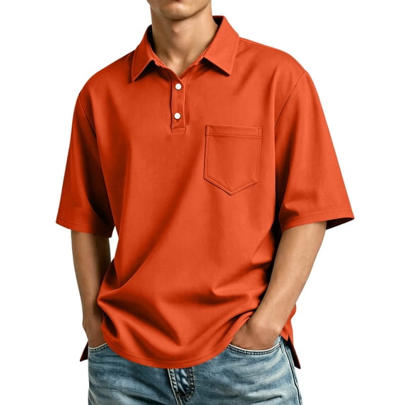 Domzest Mens Polo Shirts with Chest Pocket Short Sleeve Collared Golf Shirt Button Up Breathable Lightweight Casual Basic Tees Vermilion 2XL