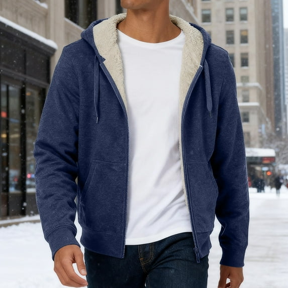 Domzest Mens Sherpa Lined Jacket Loose Fit Warm Zip Up Hoodies Solid Color Drawstring Hooded Sweatshirt Autumn Fashion Coats with Pockets Blue 2XL