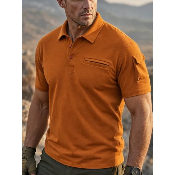 Domzest Mens Short Seeve Polo Shirt Lapel Collar Chest Pocket & Flap Sleeve Pocket Outdoor Sports Solid Golf Top Brown 2XL