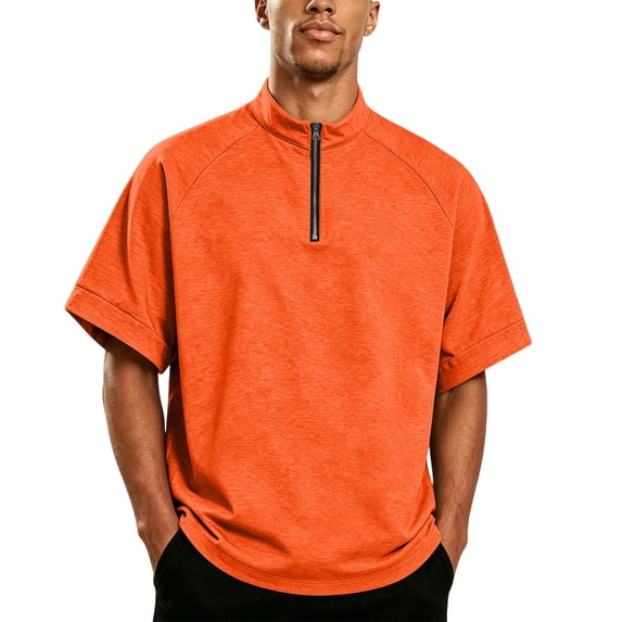 Domzest Mens Short Sleeve Stand Collar Shirt Quater Zip Lightweight Pullover Summer Casual Breathable Solid Shirts Saffron S