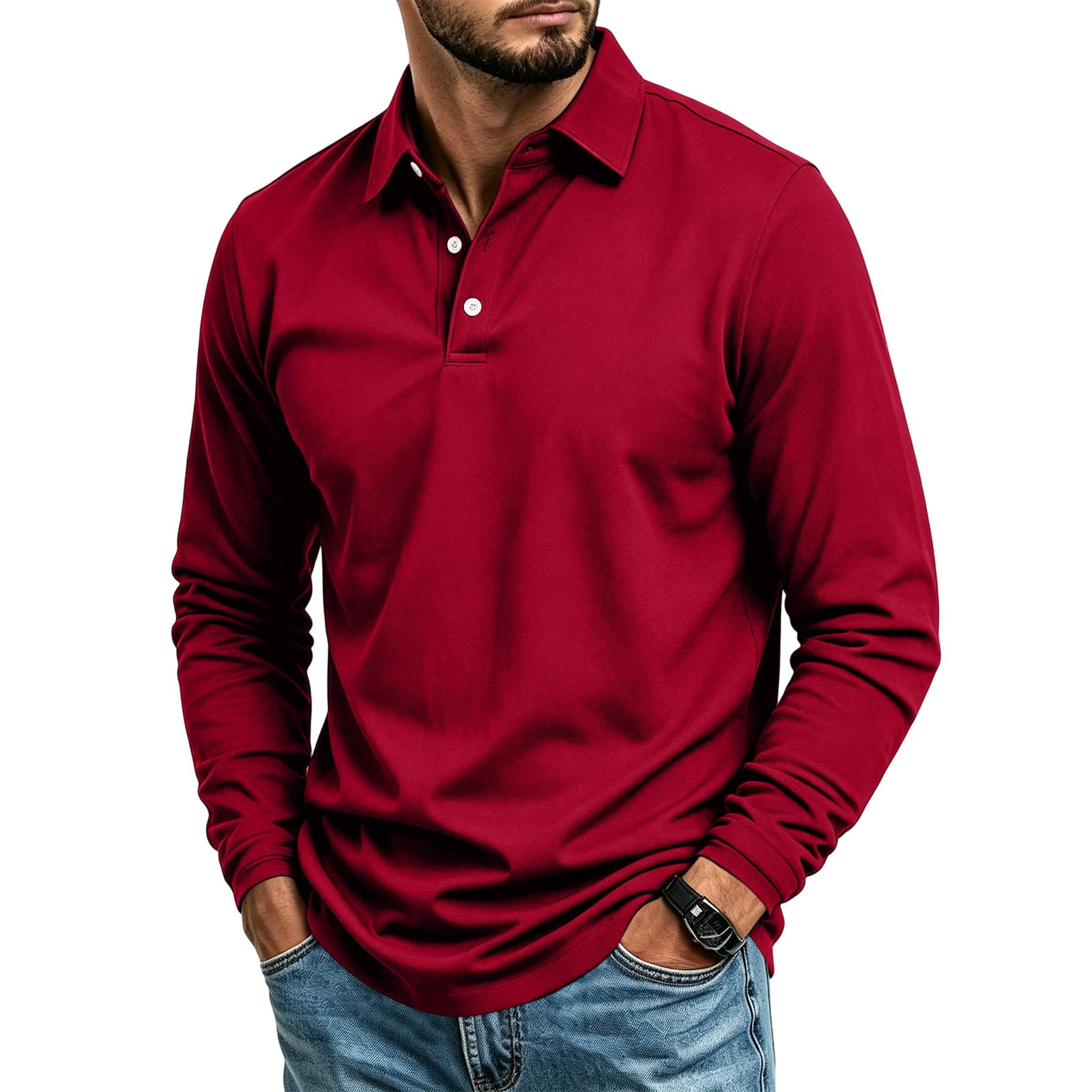 Large Turn Button Domzest Mens Solid Long Sleeve Polo Shirts Classic Turn Down Collar 3 ...