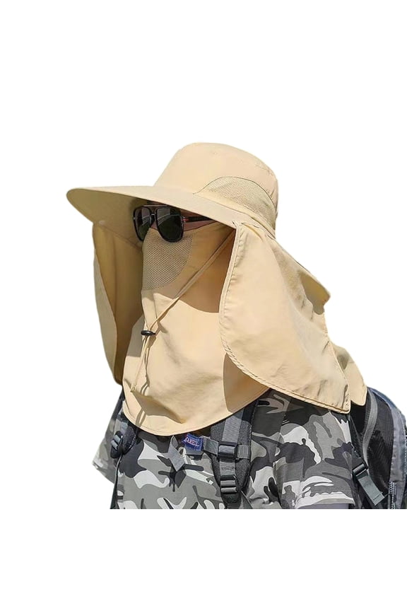 Mens Sun Hats UPF 50+ UV Protection Bucket Wide Brim Waterproof Hat with Adjustable Chin Strap & Detachable Neck Flap for Outdoor Khaki