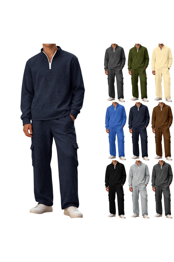 Mens Track Suits 2 Piece Set Tracksuit Joggers Hoodies 1/4 Zip up Fleece Fall Sports Long Sleeve Athletic Crewneck Suit Set Navy M-Mid