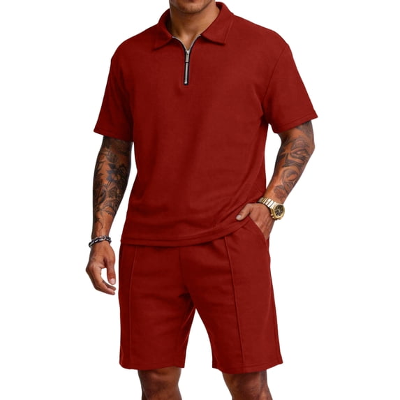 Domzest Mens Two Piece Short Set Quarter Zip Short Sleeve Polo Shirts & Elastic Waist Shorts Summer Outfits Tracksuits Wine L