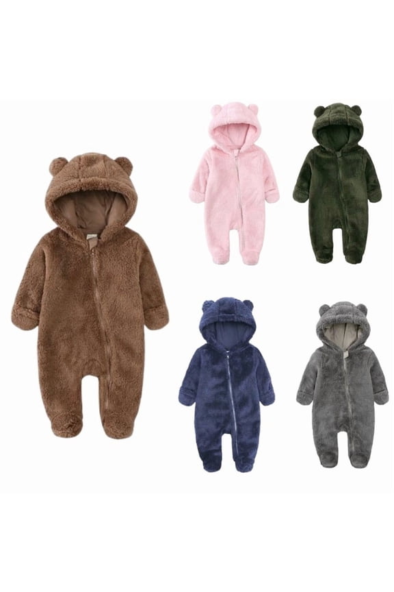 Newborn Baby Bear Hooded Jumpsuit, Fleece Onesie, Warm Winter Outwear for Infant Girls Boys Light Brown 6M-Month