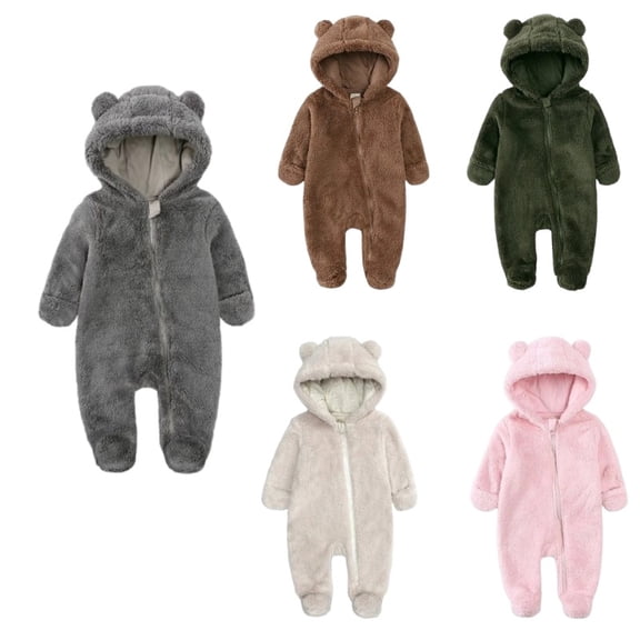 Domzest Newborn Baby Bear Outfit, Fleece Hooded Romper, Warm Jumpsuit for Infant Winter Snowsuit Gray 6M-Month