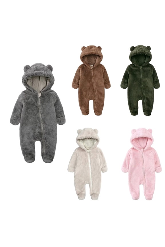 Newborn Baby Bear Romper, Fleece Hooded Jumpsuit, Warm Winter Outfit for Infant Girls Boys Gray 12M-Month