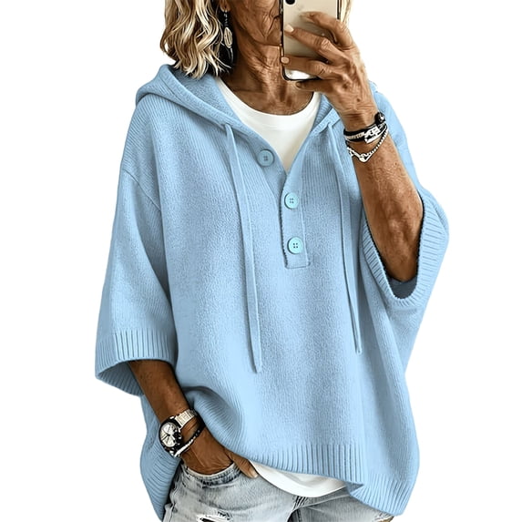 Domzest Oversized Hooded Knit Sweater for Women 3/4 Sleeve V Neck Button Up Hoodies 2026 Fall Casual Lightweight Pullover Sweater Sky Blue L