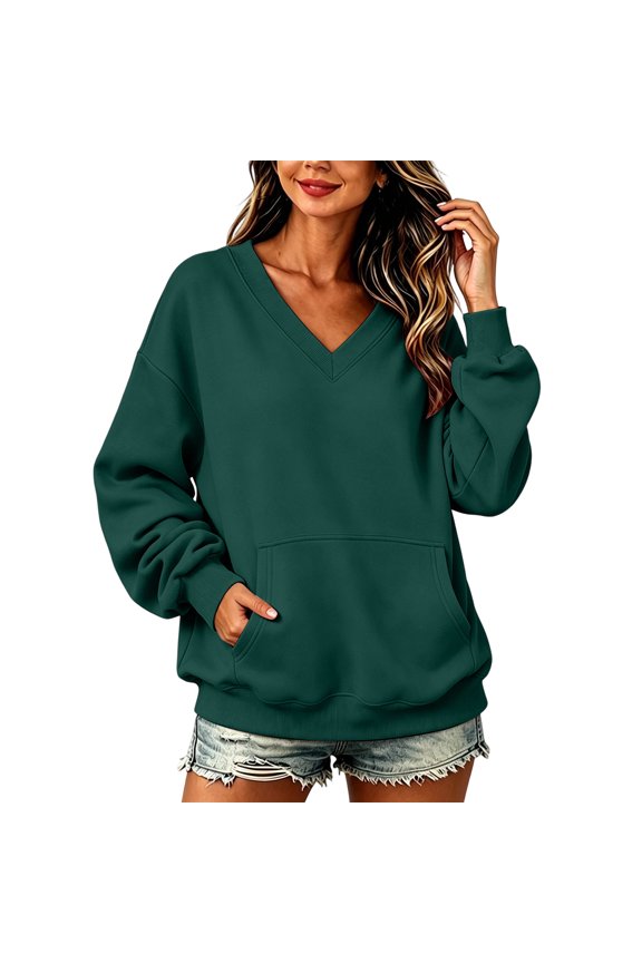 Oversized Sweatshirt for Women V Neck Long Sleeve Loose Pullover Wtih Kangaroo Pocket 2026 Fall Winter Casual Trendy Street Campus Pullover Daily Wear Army Green S