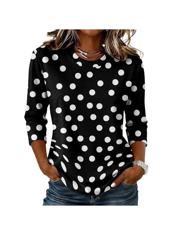 Polka Dots Shirts for Women 3/4 Sleeve Crew Neck Tunic Tops Dressy Casual Loose Fit Blouses Black XL