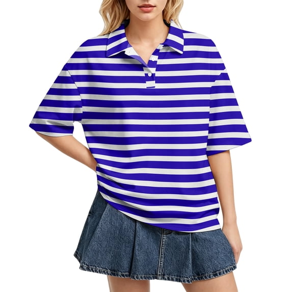 Domzest Polo Shirts for Women Button Lapel Collared Short Sleeve Striped Summer Tops Oversized Business Casual Basic Tees Dark Blue XXL