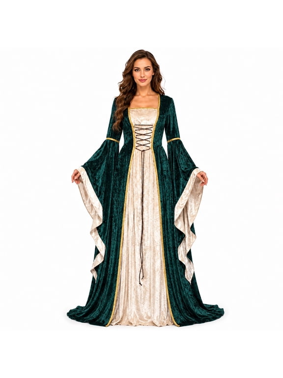 Renaissance Costume Women Long Bell Sleeve Lace-Up Medieval Dress Floor Length Gothic Princess Dresses Halloween Costumes