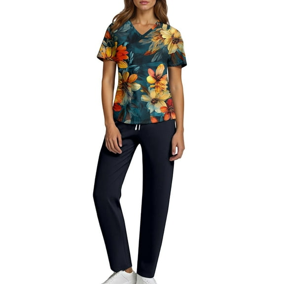 Domzest Scrubs for Women Plus Size Scrub Set Petite V-Neck Scrub Pants and Tops Nursing Top Medical Uniforms Scrubs for Tall Women L