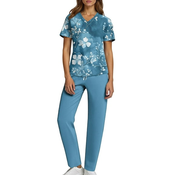 Domzest Womens Scrub Sets Plus Size Scrub Joggers Petite V-Neck Scrub Pants and Tops Nurse Uniforms Medical Scrub Sets with Pockets XXL
