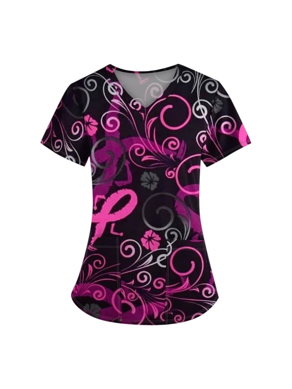 Scrubs for Women V Neck Short Sleeve Breast Cancer Awareness Scrub Tops Pink Ribbon Printed Nursing Uniform with Pockets