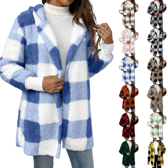 Domzest Sherpa Cardigan Women Plaid Fuzzy Fleece Jackets Long Sleeve Winter Y2k Cardigans Outerwear Plus Size Fashion Coat with Pocket Orange L-Large
