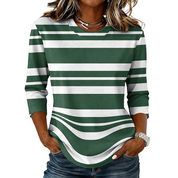 Domzest Shirts for Women 3/4 Lenth Sleeve Crew Neck Tunic Tops Striped Dressy Casual Loose Fit Blouses Dark Green S