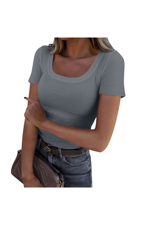 Short Sleeve Tops for Women Scoop Neck Ribbed Knit Slim Fitted Basic Tee Shirt Casual Summer Clothes Light Gray L