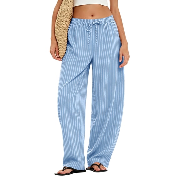 Domzest Striped Pants for Women Drawstring Elastic High Waist Wide Leg Linen Blend Trousers Casual Comfy Palazzo Pants with Pockets Light Blue XXL