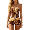thumbnail image 1 of Domzest Summer 2 Pieces Bikini Sets Y2k Vintage Floral Print Halter Bikini with Shorts for Vacation, Beach & Pool Swimsuit Yellow M, 1 of 8