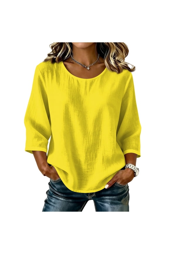 Summer Linen Tops for Women 3/4 Sleeve Crew Neck Lightweight Shirt Casual Loose Fit Tunic Blouse Yellow XL