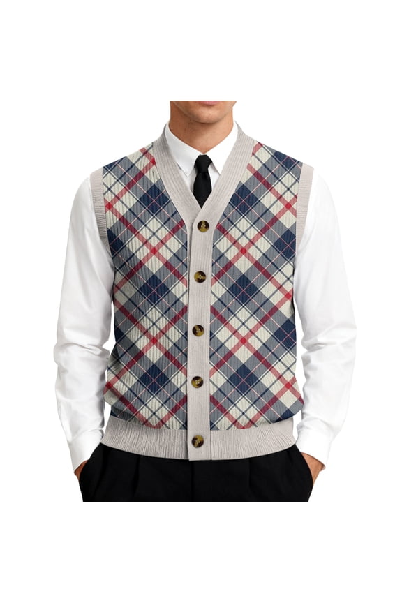 Sweater for Men Tailored Fit Sleeveless V Neck Sweater Vest Comfort Checkered Print Button Up Sweater Fall Trendy Knit Top Gray M