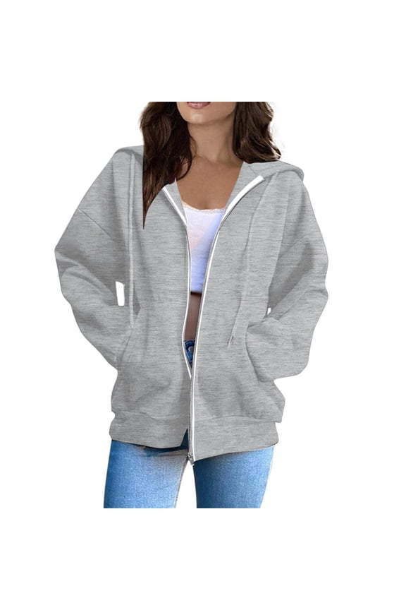 Sweatshirt for Women Full-Zip Long Sleeve Hooded Fall Lightweight Loose Fit Cotton Drawstring Sweatshirts Y2k with Pocket Jacket Light Gray XL