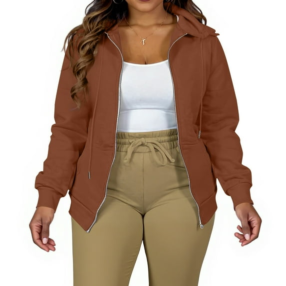 Domzest Sweatshirt for Women Zipper Long Sleeve 4X-5X Hoodies Fall Light Fashion Fleece Drawstring Oversize Sweatshirt Y2k with Pocket Jacket Coffee 2XL-Large