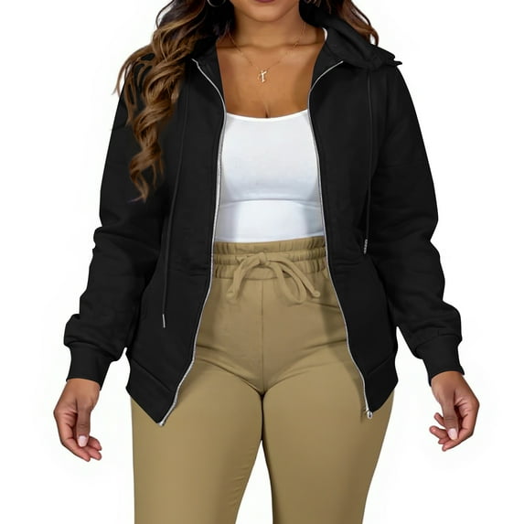 Domzest Sweatshirt for Women Zipper Long Sleeve 4X-5X Hoodies Fall Lightweight Loose Fit Cotton Drawstring Oversize Sweatshirt Y2k with Pocket Jackets Black 3XL-Large