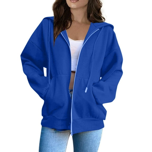 Domzest Sweatshirts for Women Zip Up Long Sleeve Hoodie Fall Lightweight Trendy Fleece Drawstring Sweaters Y2k with Pocket Jackets Dark Blue 2XL