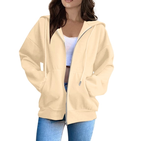 Domzest Sweatshirts for Women Zipper Long Sleeve Hoodie Fall Light Trendy Fleece Drawstring Sweatshirts Y2k with Pocket Jacket Beige 3XL