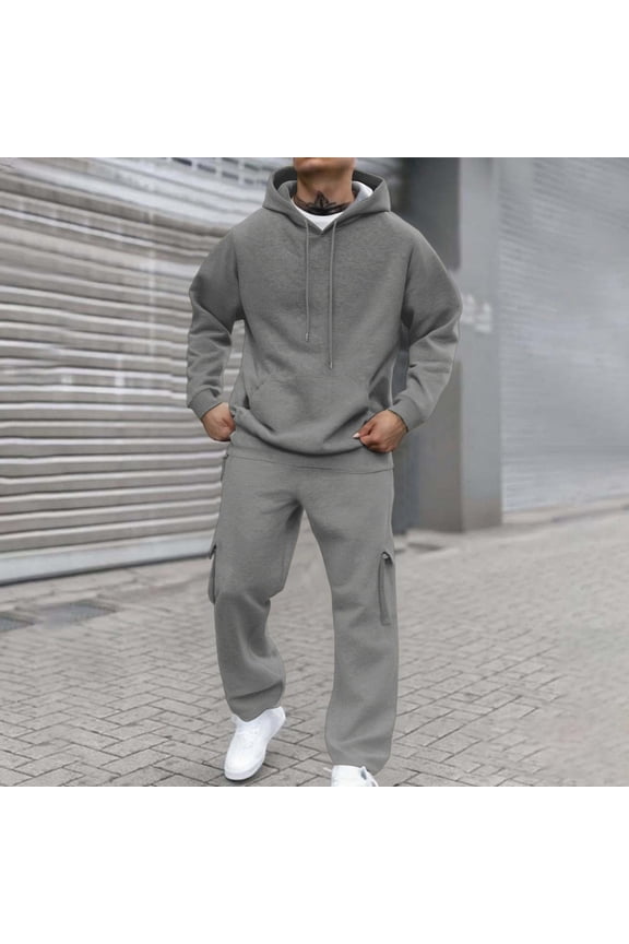 Sweatsuits for Men 2-Piece Tracksuits Jogger Drawstring Fleece Hoodie Fall Long Sleeve Sport Crew Neck Sweatsuits Outfits Pants Suit Set Gray 2XL-Large