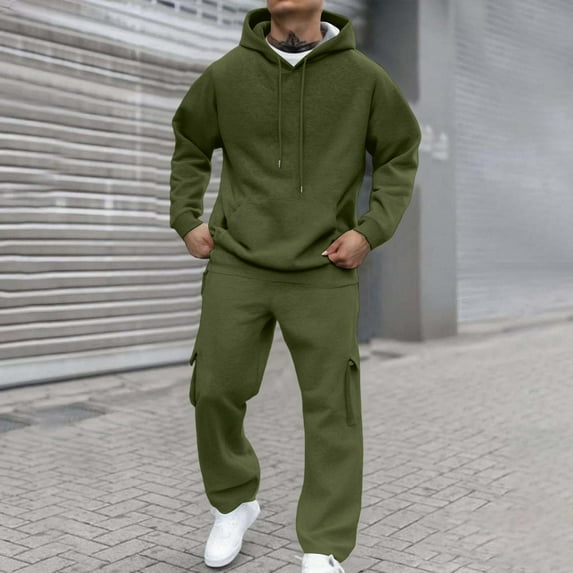 Domzest Sweatsuits for Men Two Piece Tracksuits Jogger Drawstring Comfort Hooded Winter Long Sleeve Matching Round Neck Pullover Athletic Pants Suits Sets Army Green M-MID