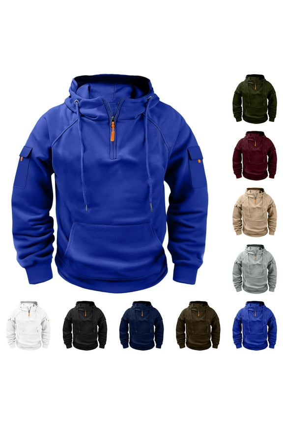 Tactical Hoodies Pullover Men Half Zip Up Big and Tall Long Sleeve V Neck Sweatshirt Casual Fall Fleece Hooded Jacket Lightweight Sport Pullover Tops with Arm Zip Pocket Black M