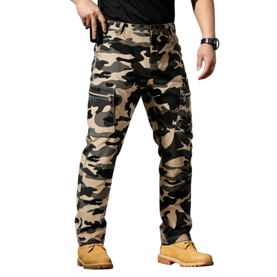 Domzest Tactical Pants for Men Camo Stretch Ripstop Quick Dry Waterproof Hiking Cargo Work Pants with Multi Pockets Khaki M