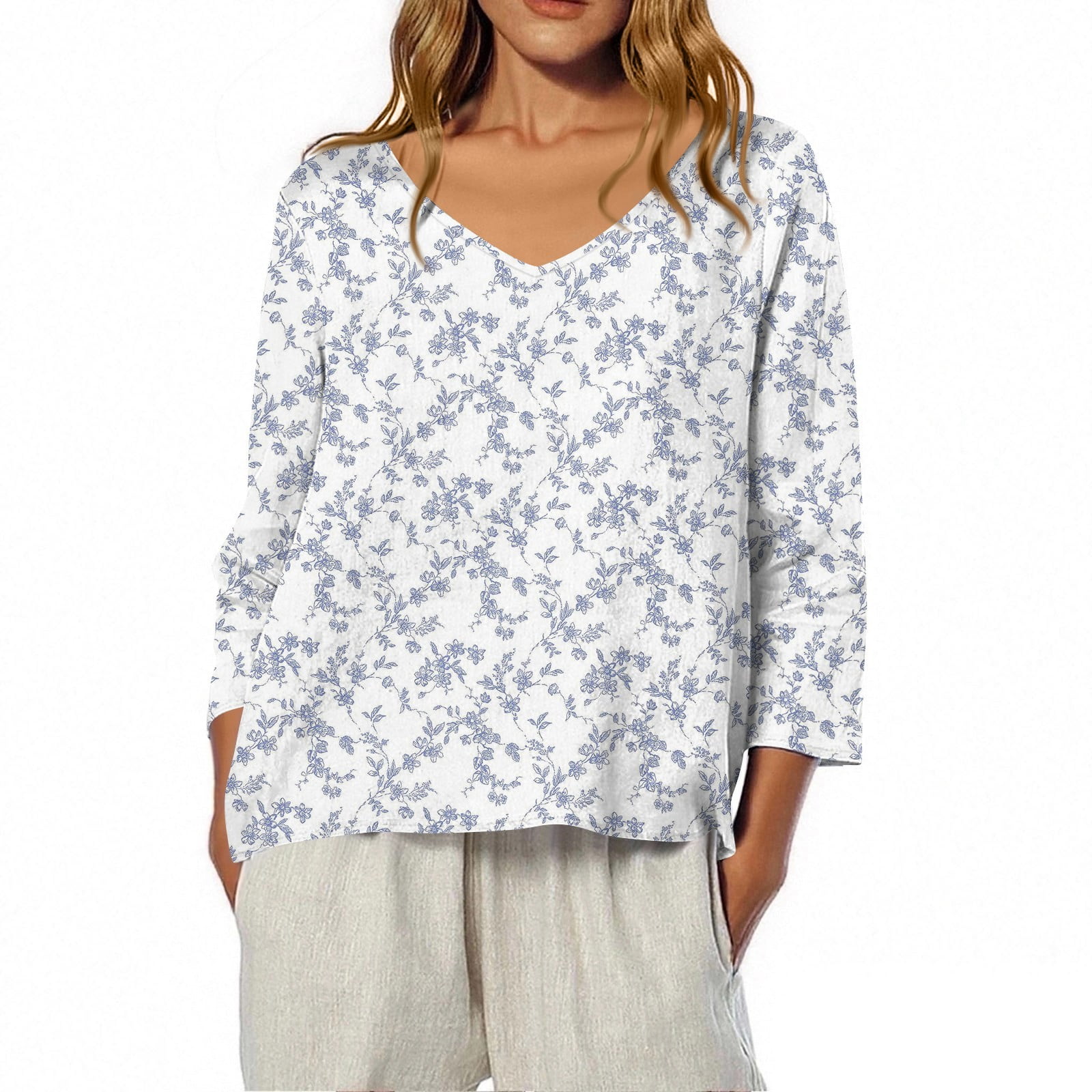 domzest-three-quarter-sleeve-tops-for-women-dressy-casual-v-neck-cotton