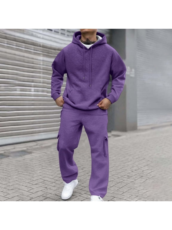 Track Suits Mens 2 Piece Tracksuits Jogging Drawstring Loose-Fit Hoodies Fall Long Sleeve Matching Crew Neck Pullover Sport Sweatpants Suit Set Purple 3XL-Large