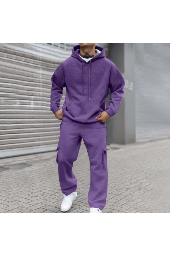 Track Suits Mens 2 Piece Tracksuits Jogging Drawstring Loose-Fit Hoodies Fall Long Sleeve Matching Crew Neck Pullover Sport Sweatpants Suit Set Purple 3XL-Large