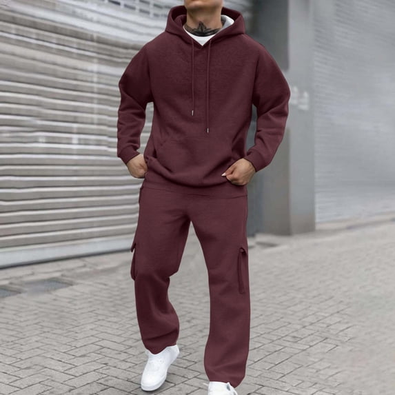 Domzest Track Suits Mens Two-Piece Tracksuits Jogger Drawstring Comfort Hoodie Fall Long Sleeve Athletic Round Neck Sweatsuits Matching Pants Suit Set Wine XL-Large