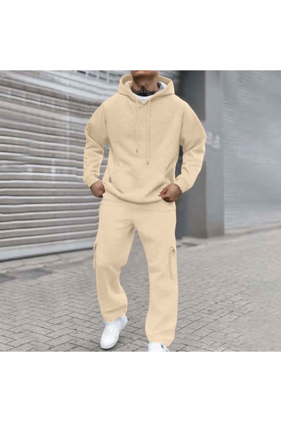 Track Suits Mens Two-Piece Tracksuits Jogging Drawstring Fleece Hoodie Fall Long Sleeve Sport Crewneck Sweatshirt Athletic Pants Suits Sets Beige L-Large