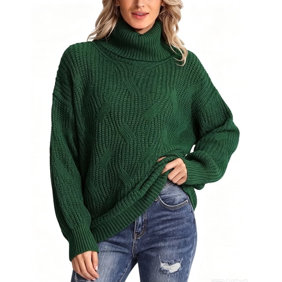 Domzest Turtleneck Sweater For Women Chunky Cable Knit Pullover Sweaters Long Sleeve Loose Fit Fall Winter Jumper Top Green XL