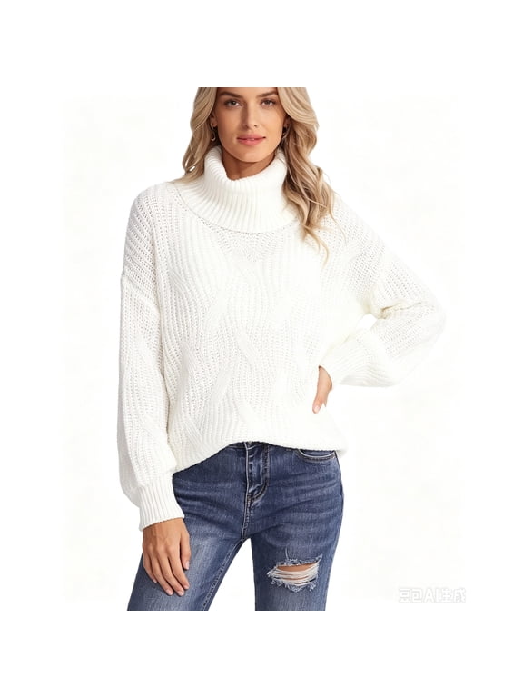 Turtleneck Sweater For Women Chunky Cable Knit Pullover Sweaters Long Sleeve Loose Fit Fall Winter Jumper Top White M