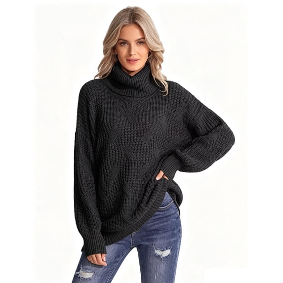 Domzest Turtleneck Sweater Womens Chunky Cable Knit Pullover Sweaters Long Sleeve Loose Fit Fall Winter Jumper Top Black XXL
