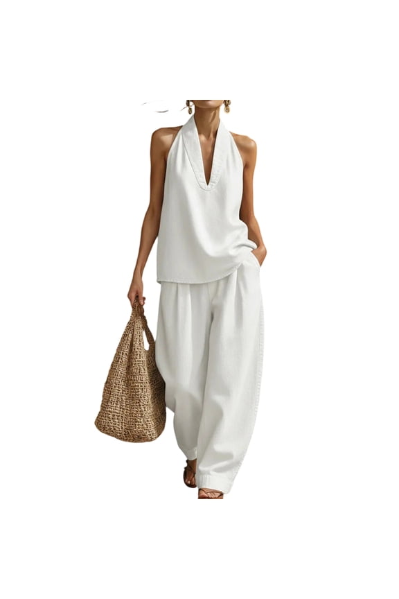 Two Piece Denim Suit Sets for Women Sleeveless V Neck Halter Tunic Top Matching Wide Leg Pants Casual Loose Outfits White L