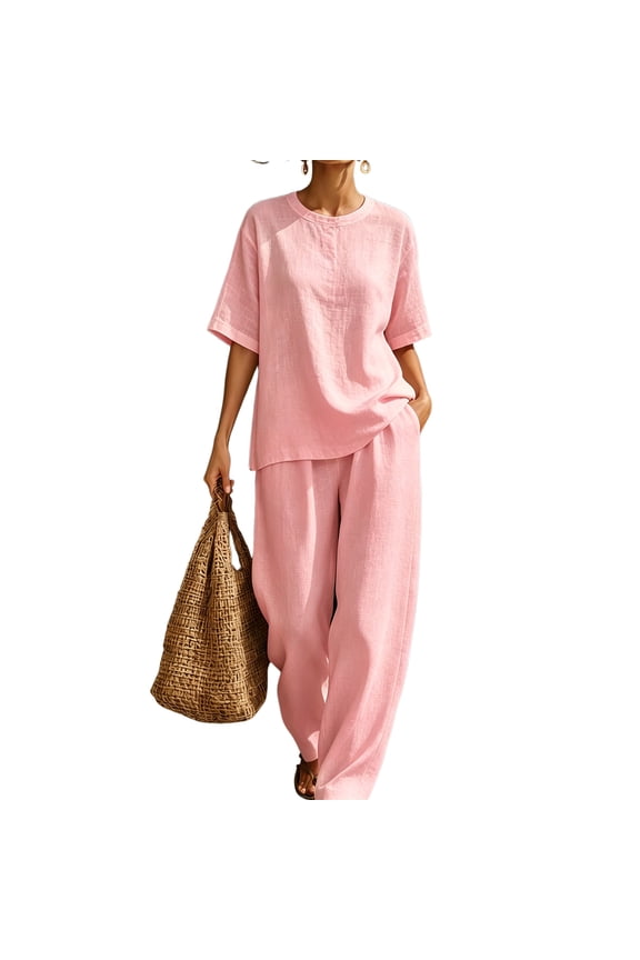 Two Piece Linen Sets for Women Short Sleeve Crew Neck Tunic Top Matching Wide Leg Pants Casual Loose Outfits With Side Pockets Pink S